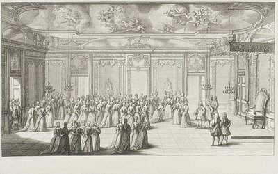 A sala de audiências durante a receção da noiva no Palácio de Dresden, em 2 de setembro de 1719 de Gerard Jean Baptiste Scotin