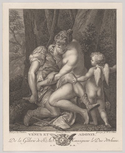 Vênus de luto por Adonis, sentado debaixo de uma árvore e abraçando-o, com Cupido à direita, c..., c. 1786. de Gérard René Le Vilain