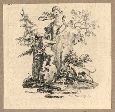 Cupido e uma garota em cima do pedregulho de Gravelot