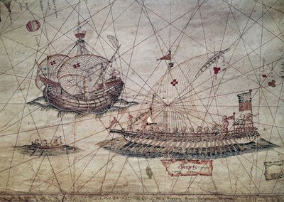 Galé e caravela portuguesa, detalhe da Carta Náutica do Mediterrâneo de Grazioso Benincasa