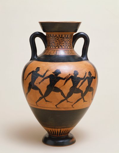 Uma ânfora ática de figura negra de forma panatênica com quatro atletas nus correndo para a direita, século 5 a.C. de Greek