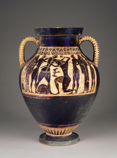 Ânfora ateniense ática de figuras negras atribuída a Lídio com Teseu matando o Minotauro, 550-40 aC (terracota) de Greek