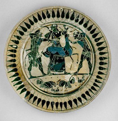 Placa ática de figuras negras decorada com uma cena de Hércules e Apolo lutando sobre um cervo e sendo separada por Artemis, à maneira de Lydos, da Grécia, c.560 aC (cerâmica) de Greek