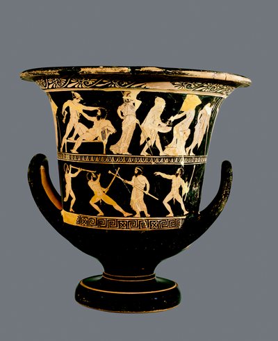 Cálice-krater ático de figuras vermelhas representando (acima) os Actos de Teseu e (abaixo) os sátiros Sikinnis, Komos e Simos tochas de luz de Carvão Prometeu carrega um talo de erva-doce, c.420 aC (cerâmica) de Greek