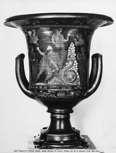 Cratera de sino com cenas mitológicas retratando Cadmus e a serpente (cerâmica) de Greek