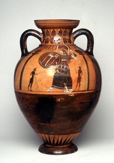 Vaso em figura negra representando Athena brandindo um escudo e uma lança, 550 AC (cerâmica) de Greek