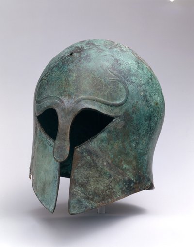 Capacete arcaico de bronze do tipo coríntio, c.600-575 aC (bronze) de Greek