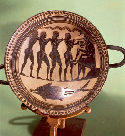 Taça mostrando Ulisses cegando Polifemo, cerâmica de figuras negras, Grécia, Civilização Grega, Século VI a.C. de Greek
