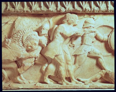 Detalhe do friso norte do Tesouro Siphnian representando deuses lutando gigantes, c. de Greek