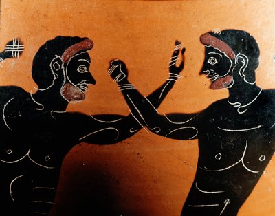 Arte grega: ânfora Panathenaic Terracotta: detalhe retratando uma batalha de pugilat. Tumba do guerreiro Vulci. Século VI a.C. Roma, Museo Nazionale di Villa Giulia. de Greek