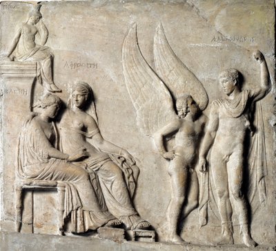 Arte grega: "O Príncipe de Esparta Paris seduza Helena de Tróia, Afrodite está representada" Relevo em mármore de um original grego. Século I a.C. Museo Archeologico Nazionale, Nápoles - Paris, príncipe de Esparta e Helena de Tróia, com Afrodite - Mármore  de Greek