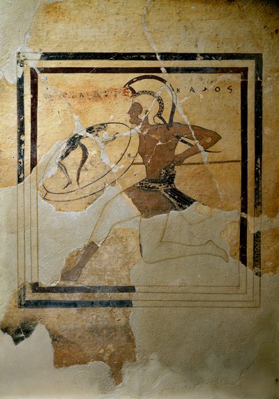 Arte grega: "pynax (comprimido votivo) de terracota representando um hoplite em corrida completa" 520-510 AC. Sol. h. 65,5 cm Athenes, Museu da Acrópole (inv. 67) de Greek