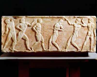 Civilização Grega, Stele representando atletas no ginásio, Da necrópole de Kerameikos em Atenas, Grécia, 510 AC de Greek