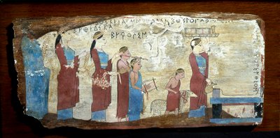 Antiquite grega: sacrifício de um cordeiro. Tinta de madeira de Sicyon, no Golfo de Corinto. Século VI a.C. Atenienses, Museu Nacional de Arqueologia de Greek