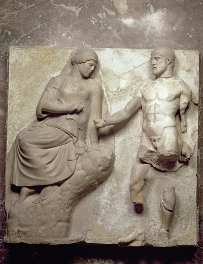 Hércules e Minerva, um de uma série de metopes representando os trabalhos de Hércules do Templo de Zeus em Olímpia, início do período clássico, c.470-457 aC (mármore pariano) de Greek