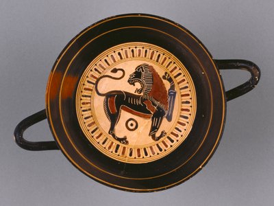 Kylix de figura negra laconiana atribuído ao pintor Hunt, c.540 aC (terracota) de Greek