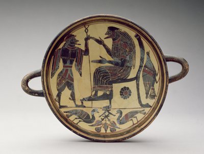 Taça kylix laconiana representando Zeus e Hermes, c.550-530 aC (argila) (ver também 288296 e 288298) de Greek