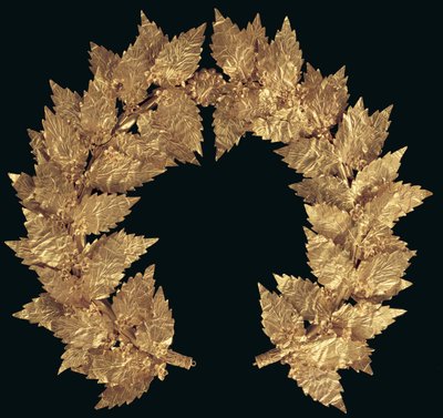 Grinalda de carvalho, possivelmente de Ática, do período helenístico tardio ao início do período romano (folha de ouro com repuxa, decoração de filigrana e perseguida) de Greek