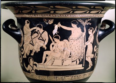 Orestes como um suplemento no Santuário de Apolo em Delfos, detalhe de um krater ático de figuras vermelhas, atribuído ao detalhe de cerâmica de 92567 do pintor de Eumenes de Apúlia. de Greek