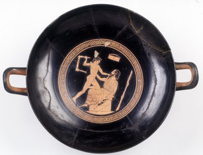 Pintura sobre corte: Representação de Heraclés acenando uma cadeira para derrubar seu mestre da música, 470 AC. BNF, Medal Office. de Greek