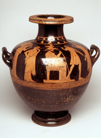 Pintura em jarro: Representação de Júpiter (Zeus) truncando no centro. Acima de sua cabeça aparece Atena, cada exército (nascimento de Atena). Diante de Zeus, está Hephaistos. 470 AC. BNF, Cabinet des Medailles. de Greek