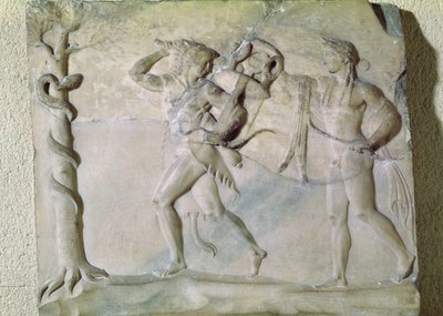 Tablet mostrando Hercules carregando o Tripé Delphic na frente de Apollo (mármore) de Greek