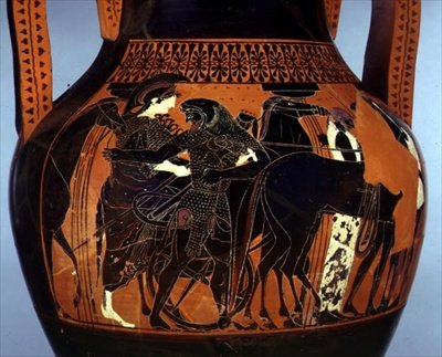ânfora de figura negra decorada com uma cena de Heracles assistindo Athena, detalhe, século 6-5 a.C. (cerâmica) de Greek