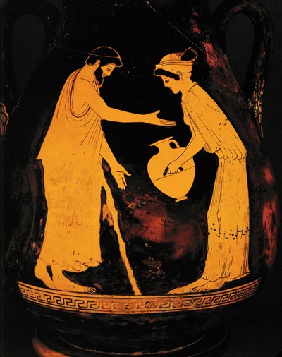 Homem com bengala e mulher com hidria ... de Greek Greek
