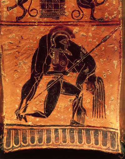 Cerâmica de figuras pretas, vaso François, krater voluta do sótão assinado pelo oleiro Ergotimos e pelo pintor Kleitias, detalhe, Ajax Telamon carregando o cadáver de Aquiles, 570-560 a.c. de Greek School