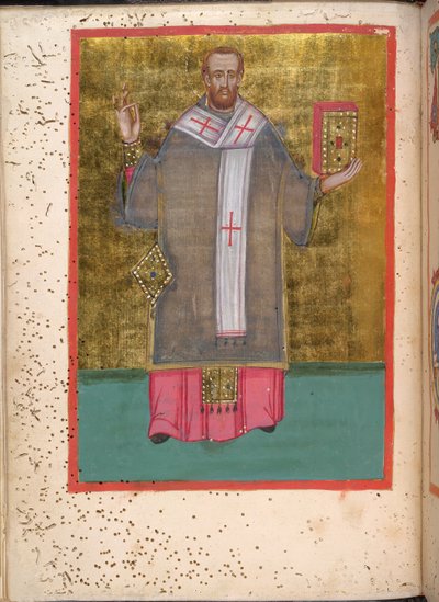 Egerton 2392, f.5v, Miniatura de um João Crisóstomo em pé segurando um livro, de 