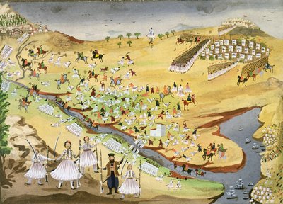 Primeira batalha entre gregos e turcos, na ponte de Alamana em 1821, da história pictórica da guerra grega de independência de Greek School