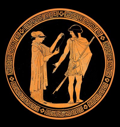 Conversa galante, decoração de uma cerâmica com figuras vermelhas. Século V a.C. (cerâmica) de Greek School