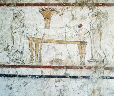 Gaudo Necropolis, pintura de túmulo em afresco lucaniano representando o falecido em seu leito de morte, 340 aC de Greek School