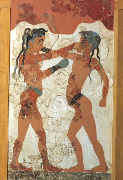 Civilização grega, Fresco representando jovens pugilistas, De Akrotiri, Ilha de Thera, Santorini, Grécia de Greek School