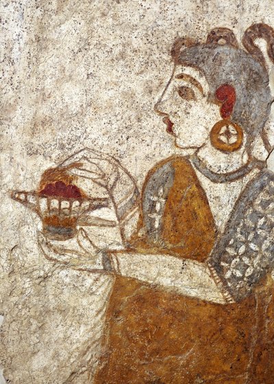 Civilização grega, fresco representando a sacerdotisa queimando incenso, de Akrotiri, ilha de Thera, Santorini, Grécia de Greek School