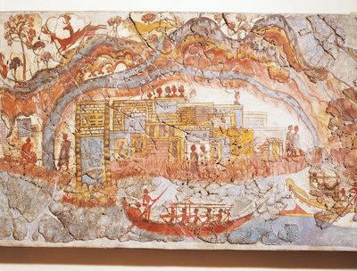 Civilização grega, fresco representando a procissão de navios, de Akrotiri, ilha de Thera, Santorini, Grécia de Greek School