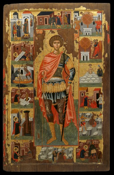 Ícone de São Jorge com cenas de sua vida (tempera de ovo no painel) de Greek School