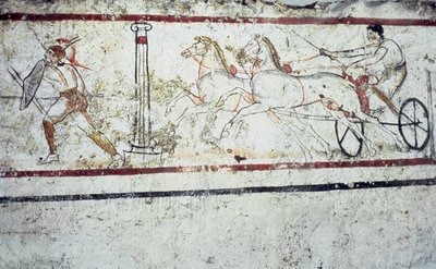 Túmulo de túmulo ao vivo de Lucan, representando um gladiador e um homem em uma carruagem, Paestum 350-330 aC de Greek School