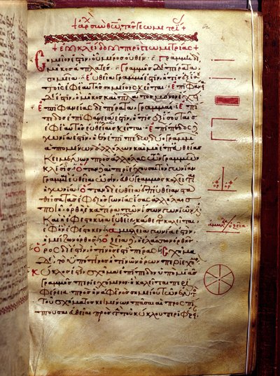 Página de texto com figuras geométricas, da Geometria de Euclides (século III aC) de Greek School