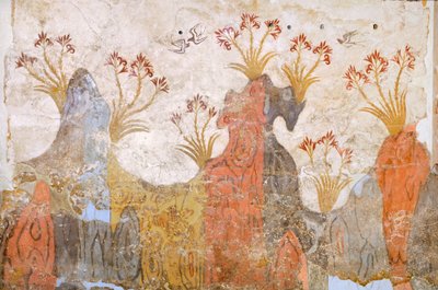 Sala dos lírios ou primavera, Akrotiri fresco, Thera (hoje Santorini), Grécia, Civilização Minoana de Greek School