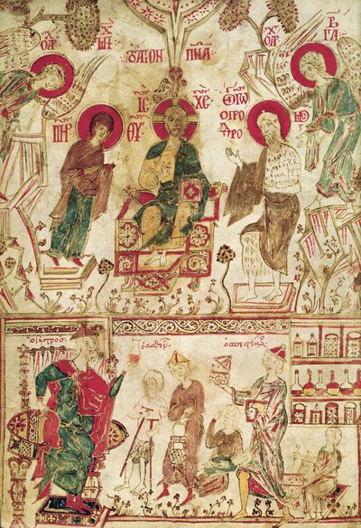 O Doutor Bizantino Myrepsos recebendo os pacientes, de um manuscrito grego, do século XIII de Greek School