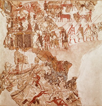 A morte dos líbios, fresco de Akrotiri, Thera (hoje Santorini) (Grécia), Civilização Minoana de Greek School