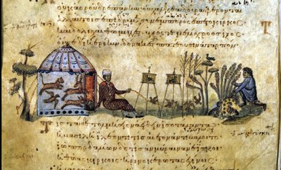 A caça de aves à chamada. Manuscrito grego por Oppianus De Venatione de Greek School