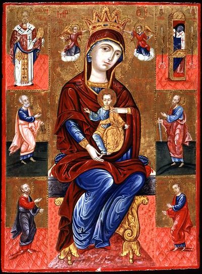Virgem de Skopiotisa Enthroned with Christ and Six Saints, c.1700 (folha de ouro e tempera em painel) de Greek School