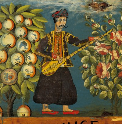 Detalhe, de, um, músico, de, um, peito, de, Mytilini, lesbos, 18º-19th, século, (egg, tempera, ligado, wood) de Greek School