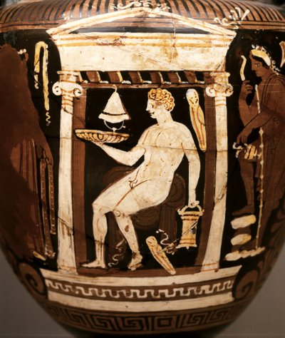ARTE GREGA: Figura vermelha apuliana voluta-krater. Cena funerária. Oferenda em..., ca. 330-320 a.C. (cerâmica) de Greek School
