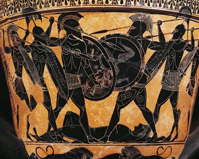 Civilização grega, Olaria de figuras negras, Krater representando a luta pelo corpo de Patroclus, De Farsala, Grécia de Greek School