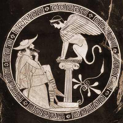 Édipo a responder a questões da esfinge em Tebas, século V a.C. (cerâmica) de Greek School