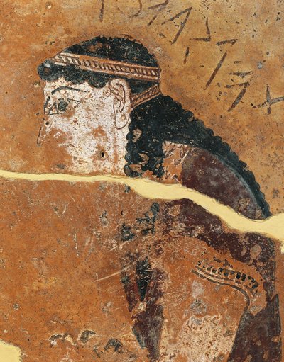 Terracota metopo pintado retratando Philomela, filha do rei ateniense Pandion, do Templo de Apolo, Thermos, Grécia de Greek School