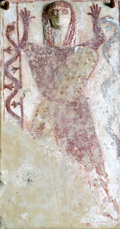 Pintura policromada sobre pinax e relevo representando a divindade feminina com serpente da "Agora" de Atenas, Grécia, Civilização Grega, Século VII a.C. de Greek School